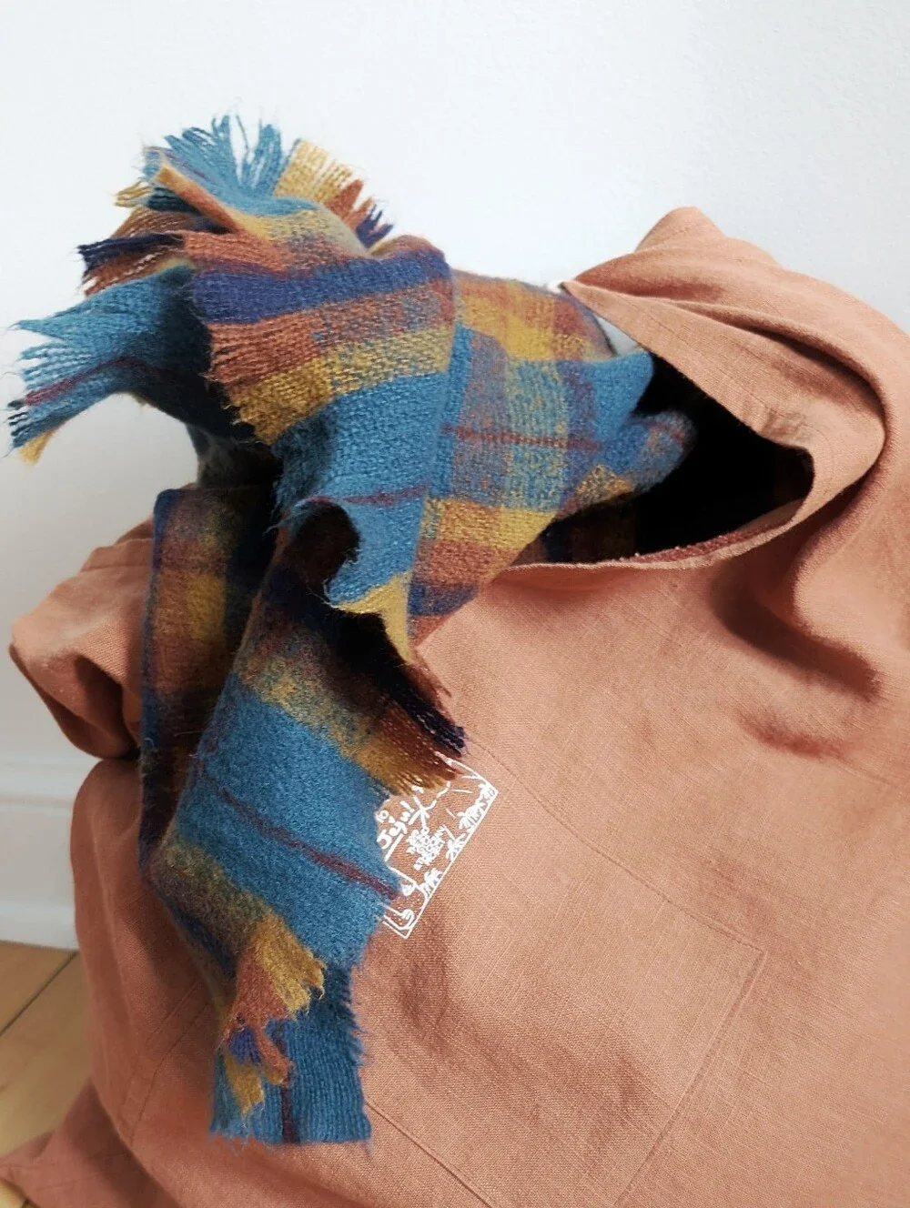 VINTAGE Wool Blanket Shawl Scarf Teal Plum Copper Gold Navy Fringe Wrap 80x24